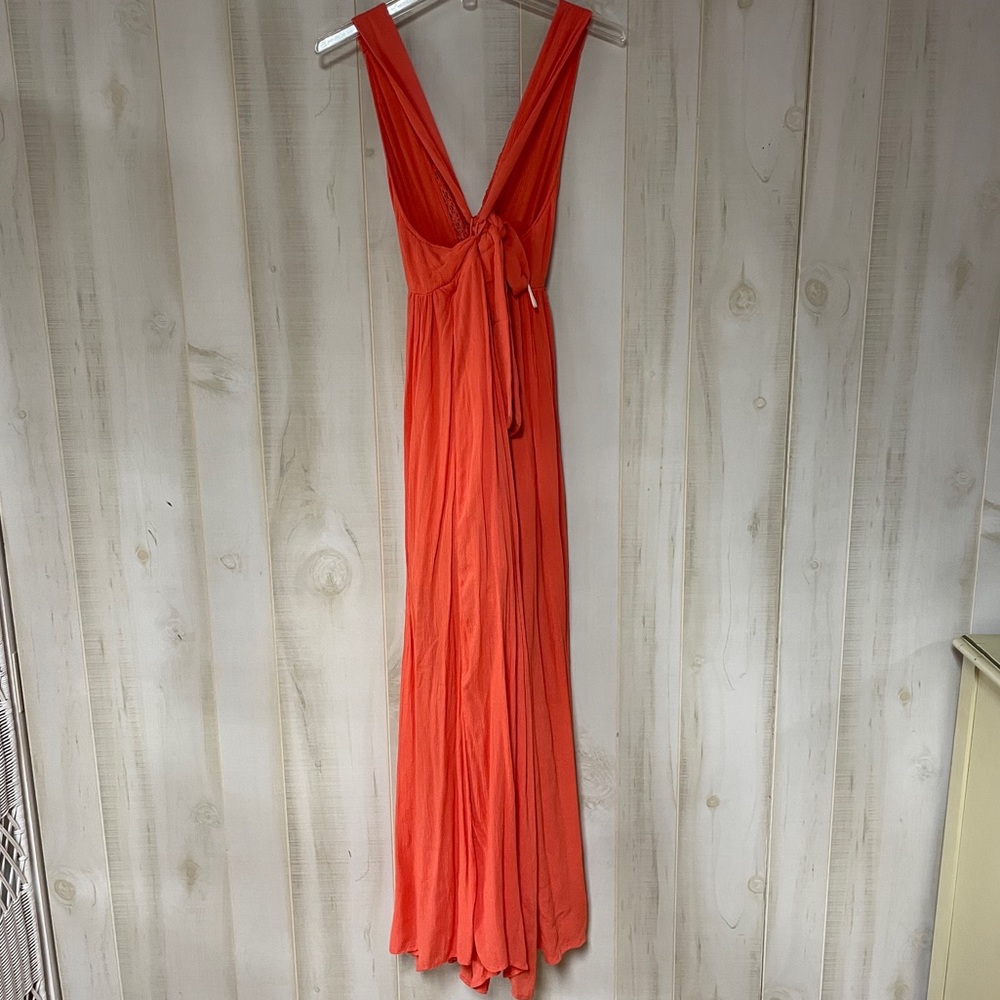 Free People Orange Pink Lacy V Neck Tie Back Maxi Overskirt Dress Sz XS - Picture 2 of 7